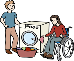 Ein Mitarbeiter vom Ambulant betreuten Wohnen unterstützt eine Frau im Rollstuhl. Sie wäscht Wäsche.