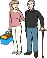 Eine Frau hilft einem älteren Mann beim Einkaufen.