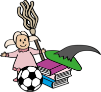 Eine Puppe, ein Fußball, Bücher, Ein Hexenkostüm.