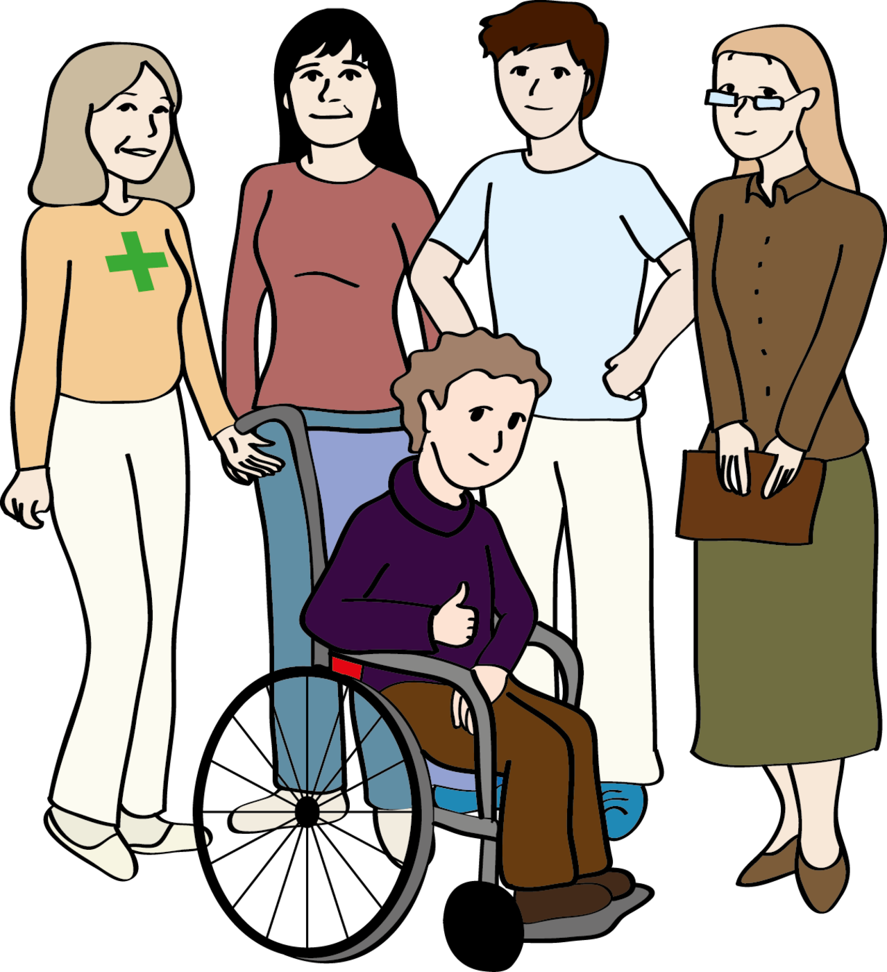 Hinter einem Mensch im Rollstuhl stehen 4 Fachkräfte: Eine Krankenschwester...